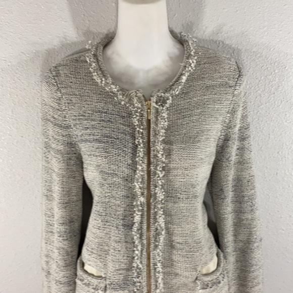 Belford beige blue knit zipper fringe sweater jacket - Picture 3 of 13
